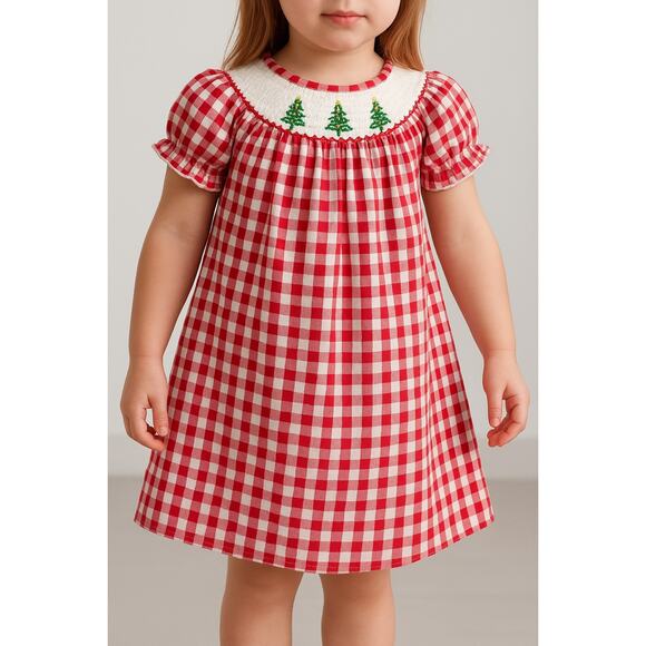 Girls nwot 3T Red Gingham Smocked Christmas Dress Embroidered Trees Puff Sleeve - Picture 1 of 6